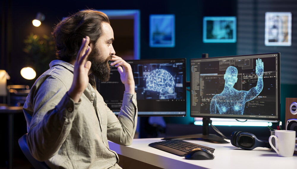 AiGSES-Engineer perplexed by sentient AI gaining humanoid form, reluctantly waving hand