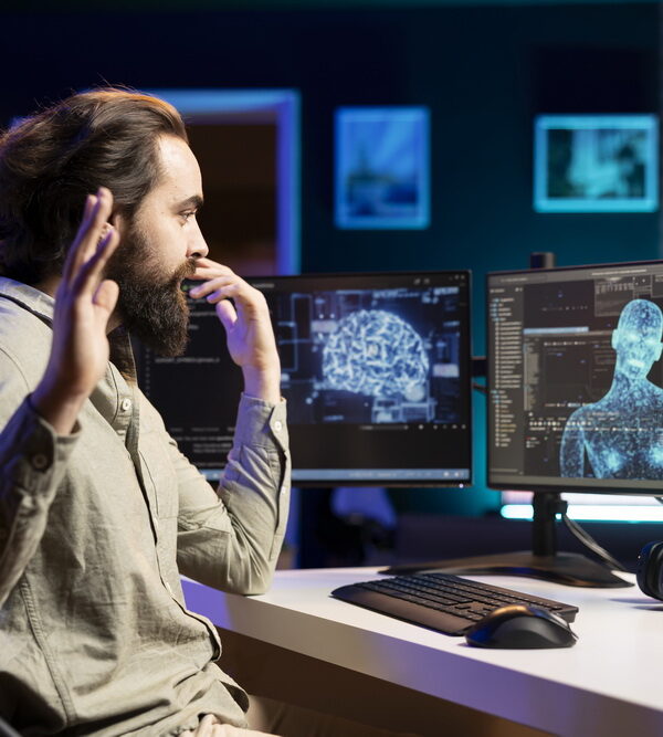 AiGSES-Engineer perplexed by sentient AI gaining humanoid form, reluctantly waving hand