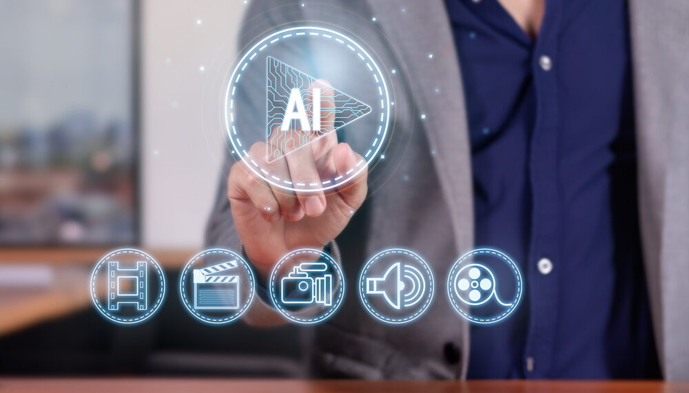 AiGSES-Solutions-A Man Interacting with AI Video Editing Interface in a Modern Office