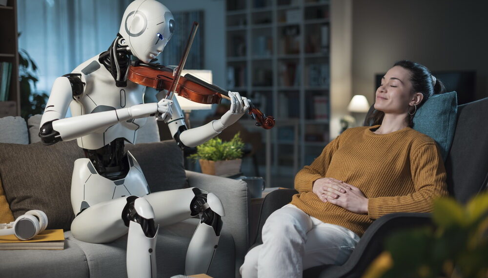 A pretty young girl listens to a piece of classical music played flawlessly by her I.A.-equipped Robot.