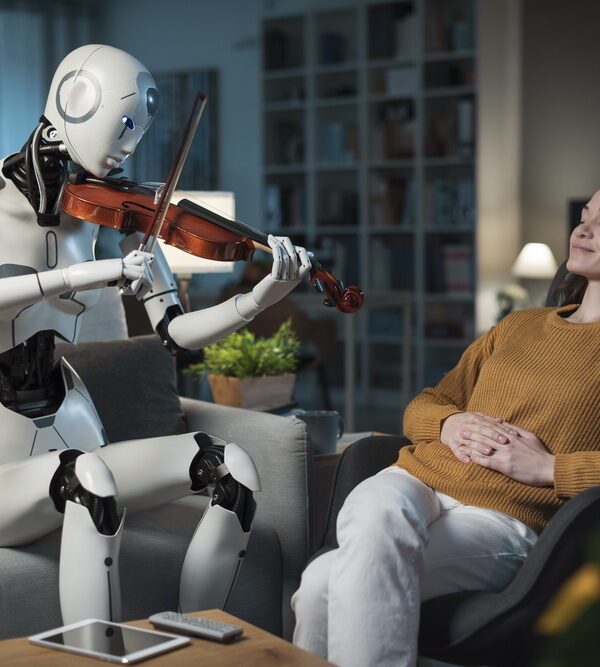 A pretty young girl listens to a piece of classical music played flawlessly by her I.A.-equipped Robot.