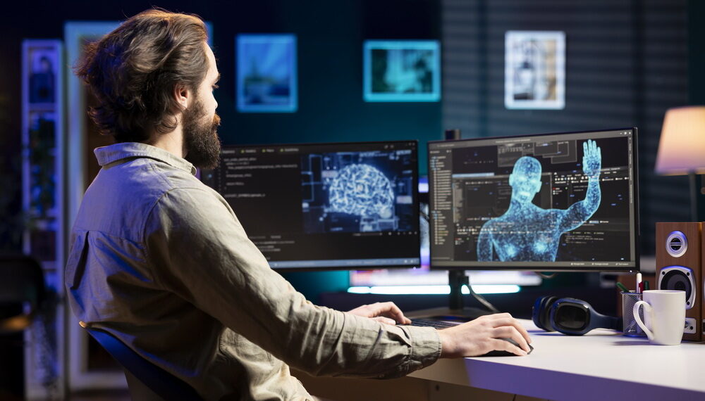 AiGSES-Artificial intelligence becoming sentient, greeting IT expert at desk