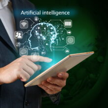 Businessman working on tablet using ai. Business technology, IoT Internet of Things, ai concept Businessman working on digital tablet using ai. Business technology, IoT Internet of Things, Ai Software development concept. Coding programmer developing mobile apps. Web icons