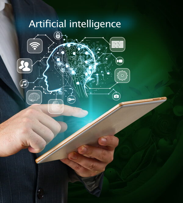 Businessman working on digital tablet using ai. Business technology, IoT Internet of Things, Ai Software development concept. Coding programmer developing mobile apps. Web icons